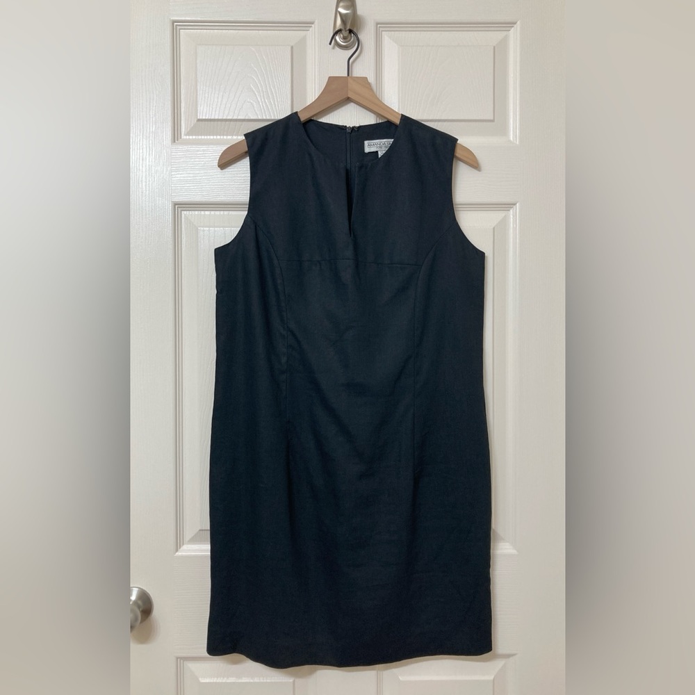 Vintage 100% Linen Sleeveless Black Shift Dress Size 10 Coastal Minimalist Beach